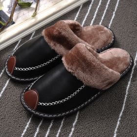 Men's warm cotton slippers; leather Platform slippers; indoor plush slippers; waterproof (colour: Dark brown, size: 41-42)