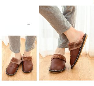 Men's leather cotton slippers; plush anti-skid indoor and outdoor cotton slippers; men's slippers (Color: Black, size: 43-44)