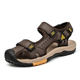 Summer men's new big pier layer cowhide beach sandals Fashion trend comfortable men's sandals 38-48 (Color: Khaki, size: 40)