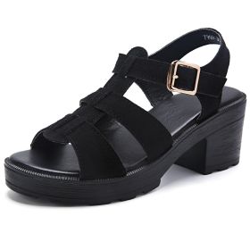 Summer new high-heeled women's sandals Fashion fairy ethos all-matching sandals 35-41 (Color: Black suede, size: 36)
