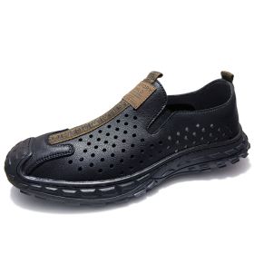Men's leather hole-out shoes leather sandals comfortable breathable loafers a slip-on loafers (Color: Black, size: 44)